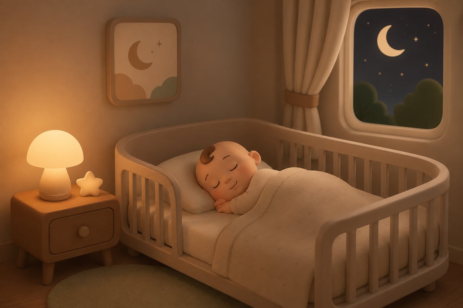 A baby asleep under a blanket in a crib, in a dim, warm-toned nursery